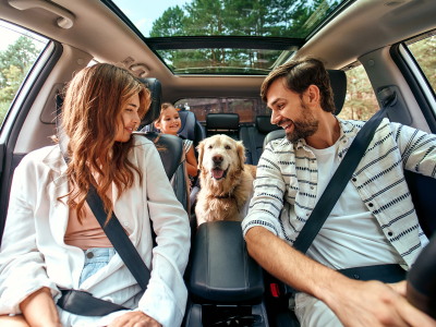 Family in car with dog